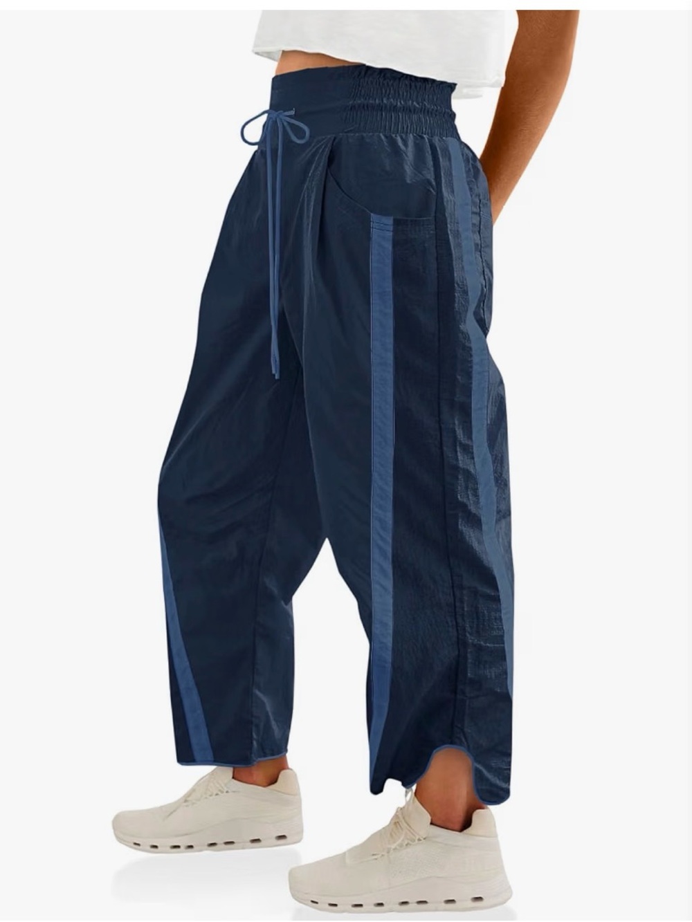 Navy Blue Wide Leg Crop Track Pants with Contrast Stripe